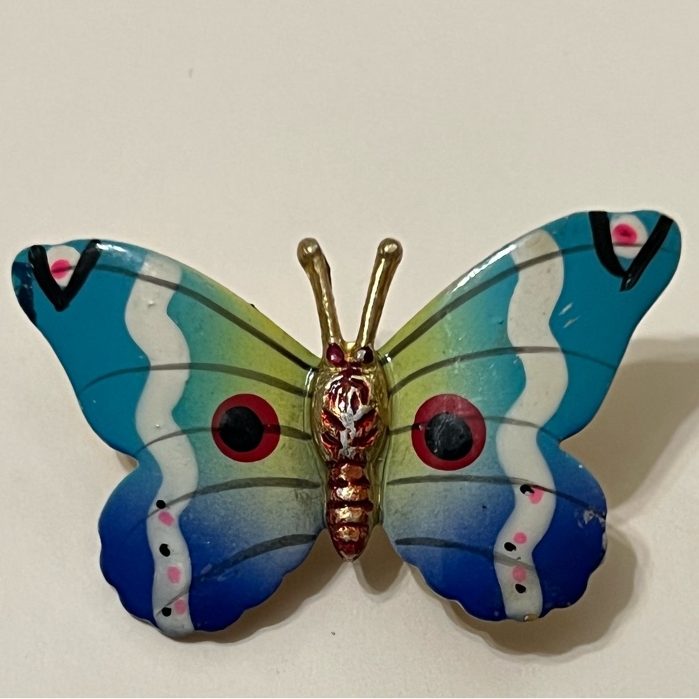 Vintage Tin Enamel Brooch Butterfly Badge Pin Made In Korea